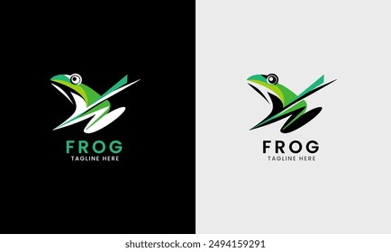 Frog logo, umbrella, rain jump abstract forest icon, natural green rain sky graphic concept  