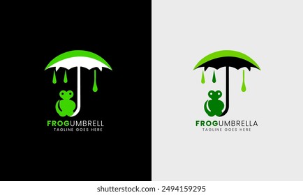 Frog logo, umbrella, rain jump abstract forest icon, natural green rain sky graphic concept  