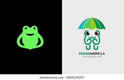 Frog logo, umbrella, rain jump abstract forest icon, natural green rain sky graphic concept  