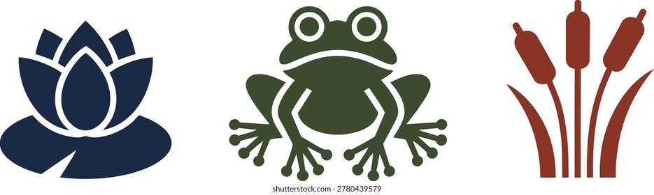 Frog lotus and cattails icons set in solid style with green pond life on white background dark blue. This image features 3 distinct icons on a white background.