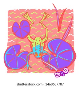 Frog lounging on lily pads in a pond or lake, catching a bug flying by with it's extended tongue
