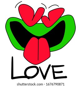 Frog in love with open mouth. Toad stuck out his tongue from love. Emotion of sympathy and admiration. Hearts instead of eyes. Cartoon vector character on a white background. Image for stickers.
