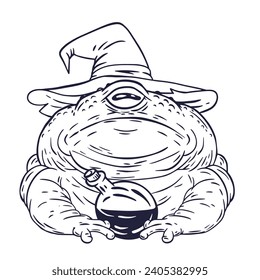 Frog in magic hat with one eye holding poison bottle. Hand drawn character design. Witch pet or occult creature. Vector illustration.