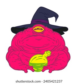 Frog in magic hat with one eye holding poison bottle. Hand drawn character design. Witch pet or occult creature. Vector illustration.