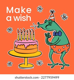 FROG MAKES WISH BIRTHDAY IG Post A Cheerful Amphibian Blows Out The Candles On Cake And Invites Friends To Party Square Template For Social Media In Flat Style