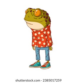 Frog man, isolated vector illustration. Cartoon image of a toad wearing a polka dot shirt. A painted sticker with an image of an animal. Anthropomorphic frog on a white background. Animal character.