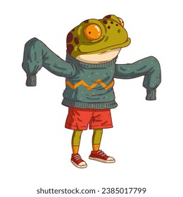 Frog man, isolated vector illustration. A cartoon image of a toad wearing a long-sleeved sweater. Colored sticker with an image of an animal. Anthropomorphic frog on a white background. Animal charact