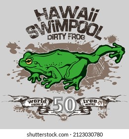 Frog mascot of a swimming team. Toad in a dirty puddle. Swimming mascot illustration concept.