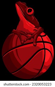 Frog mascotte on a basket ball on black background vector illustration