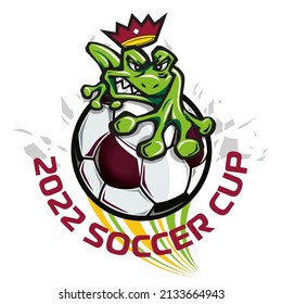 Frog mascotte on a soccer ball wearing a crown. 2022 soccer cup illustration concept.