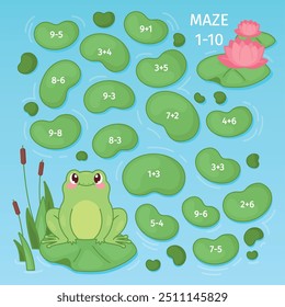 Frog maze game. Comic frogs on lily water pond way, preschool children education puzzle logic play sheet with math numbers, kids active learning cartoon swanky vector illustration original artwork