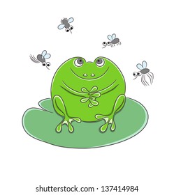 Frog and mosquitoes. Vector Illustration.