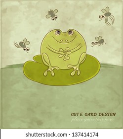 Frog and mosquitoes. Vintage background. Vector Illustration.