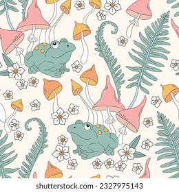 Frog mushrooms fern forest garden vector seamless pattern. Witchy Halloween background. Groovy boho magic surface design.