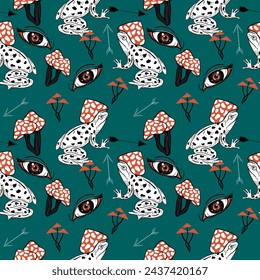 Frog mushrooms forest vector seamless pattern. Witchy Halloween background. Groovy boho magic surface design.