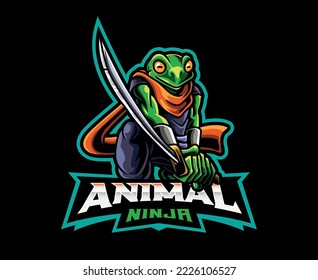Diseño del logo de la mascota ninja de rana. Ilustración vectorial de animales de shinobi de rana. Ilustración de logotipo para mascota o símbolo e identidad, deportes de emblema o equipo de juegos de e-sports