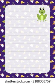 Frog. Note paper. Page. Halloween notebook sheet. Flat, cartoon. Isolated vector illustration eps 10