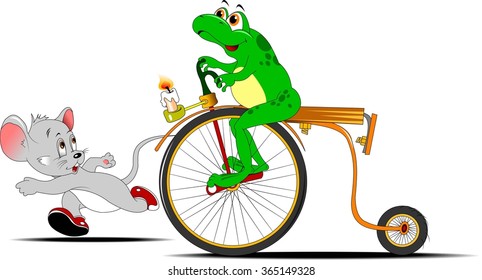 frog on a bike competing in the race with a small little mouse