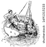 Frog on board, this scene shows a boy sit in a boat in the water and a giant frog jumps in boat and almost overturns the boat, vintage line drawing or engraving illustration