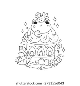 Frog on cake coloring page with strawberry and flowers, kawaii cartoon style doodle, cute childish character for kids activity, minimalist stylish line art, naive silly dessert illustration