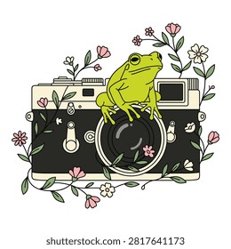 Frog on camera, photography concept, nature and floral elements, vintage photography.