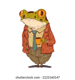 A frog on a coffee break, outline vector illustration colored with scribbles. Sketch-drawn anthropomorphic frog with a mug of tea or coffee in his hand. An animal character with a human body.