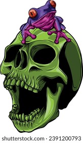 frog on human skull vector illustration on white backgrond