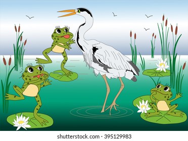 frog on the lake and bird. Vector illustration