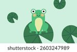 Frog on Lily Pad Graphic: Flat Vector on Light Green. A cute frog sits on a lily pad with additional lily pads surrounding it, rendered in a flat vector style on a light green background.