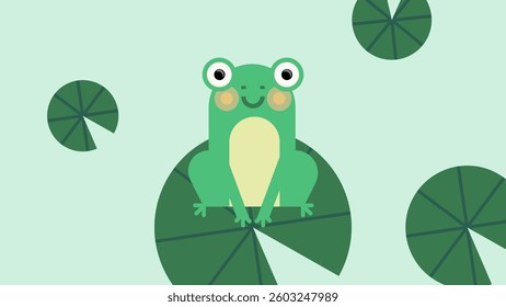 Frog on Lily Pad Graphic: Flat Vector on Light Green. A cute frog sits on a lily pad with additional lily pads surrounding it, rendered in a flat vector style on a light green background.