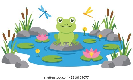 Frog on lily pad, pond life, dragonflies flying, nature scene, cartoon style, summer day, pond plants, colorful illustration.
