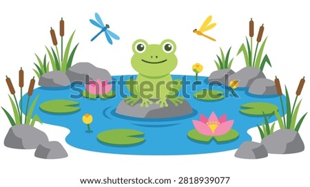 Frog on lily pad, pond life, dragonflies flying, nature scene, cartoon style, summer day, pond plants, colorful illustration.