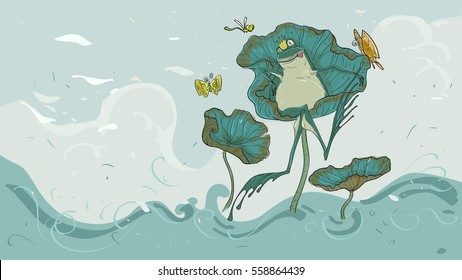 The frog on a lotus leaf relaxed have a crown on the head, illustrations for books, cards, wallpapers for interior decoration, pictures of fantasy and idealism.