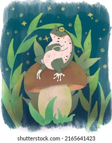 Frog mushroom  Kids book illustration  Magic forest  magic animals cartoon 
