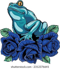 frog on red roses with leaves vector illustration design on white background