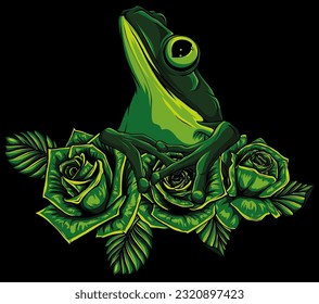 frog on red roses with leaves vector illustration design on black background