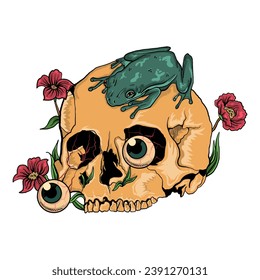 Rana en la ilustración del cráneo pintura digital con prima de diseño de camiseta 