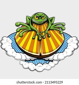 Frog on a surfboard surfing a wave with a grin on his face. Surfer toad mascot of a surf club. Surf concept illustration.