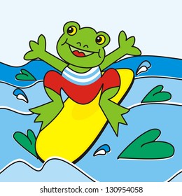 frog on a water board, surfboard, colored picture, vector illustration