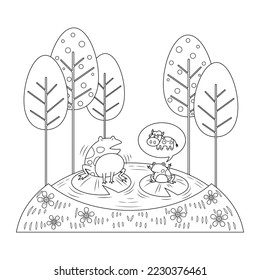 The frog and the ox picture for story book. Aesop's fable illustration. Cute illustration cartoon for fairy tale story and book. 