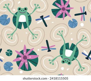 A frog in the paradise of the water lily. Seamless pattern with green frog and lily. Beautiful botanical background.