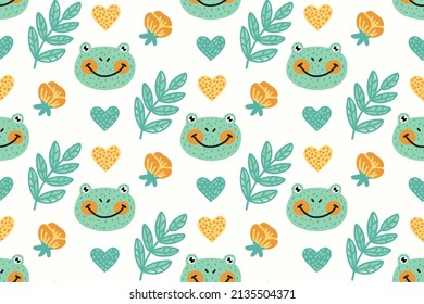 Frog pattern. Cute vector seamless pattern with cartoon smiling green frogs, rose flowers, twigs and hearts. Children's print.