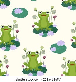 Frog pattern with plants. Vector seamless texture.