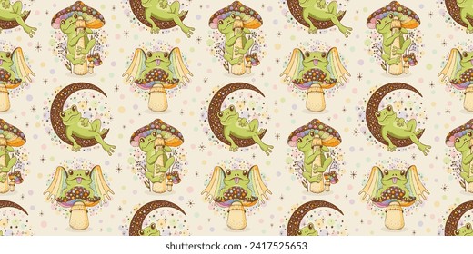 Froschmuster Psychedelische Doodle-Toad-Hintergrund. Cartoon Aquarellfarbe nahtlose Muster. Kleiner Charakter. Abstrakte verrückte süße Frösche auf Pilz, Mond, mit Flügel. Vintage-Regenbogen-Trippzeichnung