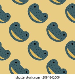 Frog pattern seamless in freehand style. Head predator on colorful background. Vector illustration for textile prints, fabric, banners, backdrops and wallpapers.