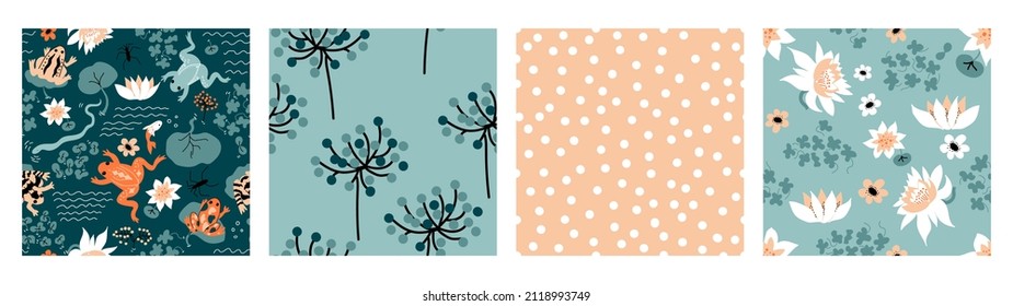 Frog Pattern. Set of vector backgrounds with snake, water striders, leaves, flowers, lotus, Water Lillies, dots.  Perfect for cards, wrapping paper, printing on the fabric, design package and cover