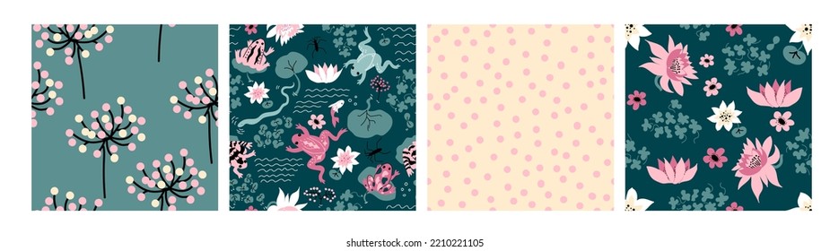 Frog Pattern. Set of vector backgrounds with snake, water striders, flowers, lotus, Water Lillies.  Perfect for cards, wrapping paper, printing on the fabric, design package and cover