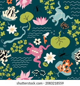 Frog Pattern. Vector background with snake, water striders, leaves, flowers, lotus, Water Lillies, waves.  Perfect for cards, wrapping paper, printing on the fabric, design package and cover