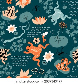 Frog Pattern. Vector background with snake, water striders, leaves, flowers, lotus, Water Lillies, waves.  Perfect for cards, wrapping paper, printing on the fabric, design package and cover