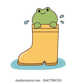 sapo espreitando fora da grande bota de chuva amarela, estação chuvosa. desenho animado plano estilo vetor ilustração isolado no fundo branco